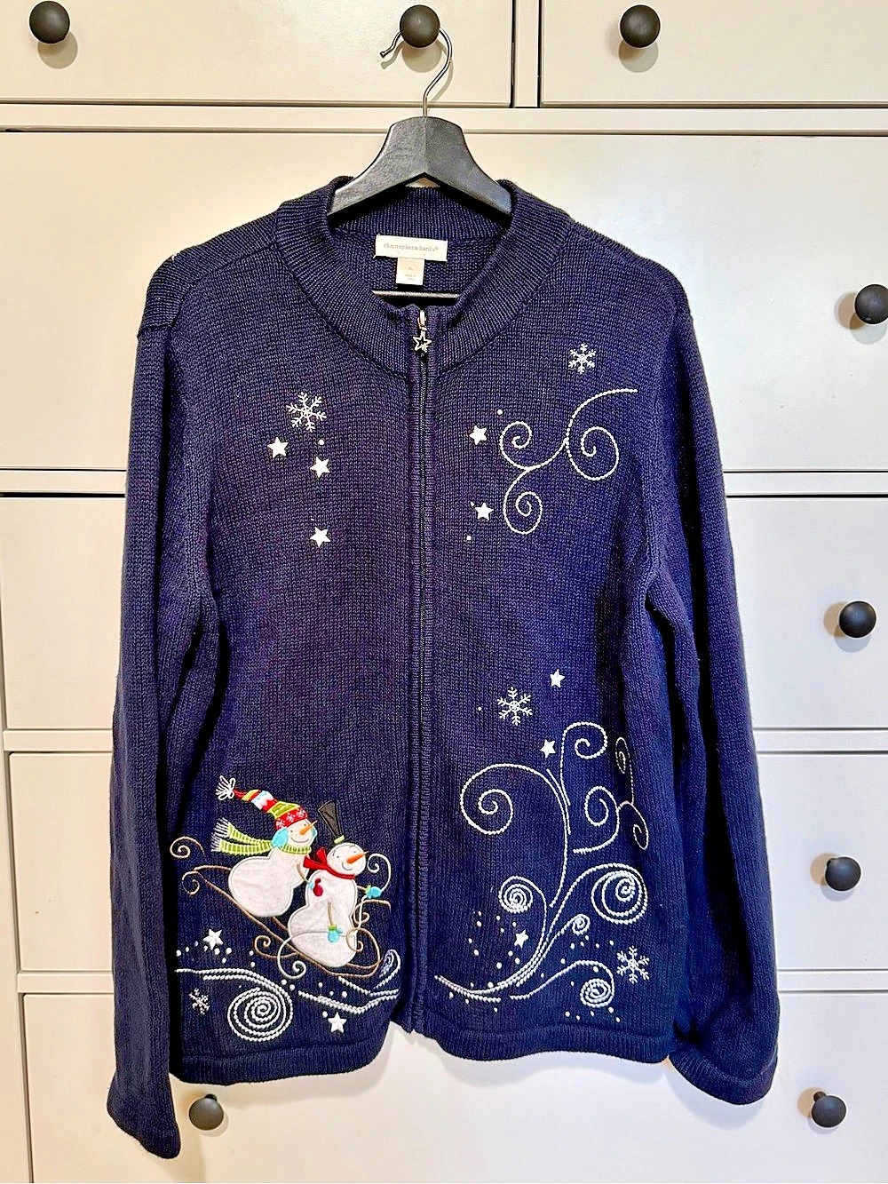 Christopher & Banks Snowman and Star Embroidered Zip Front Holiday Cardigan XL